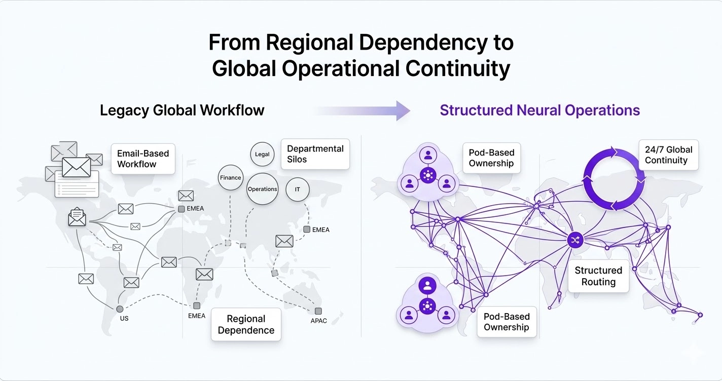 Split comparison infographic showing transition from region-dependent email workflows to global Follow-the-Sun routing