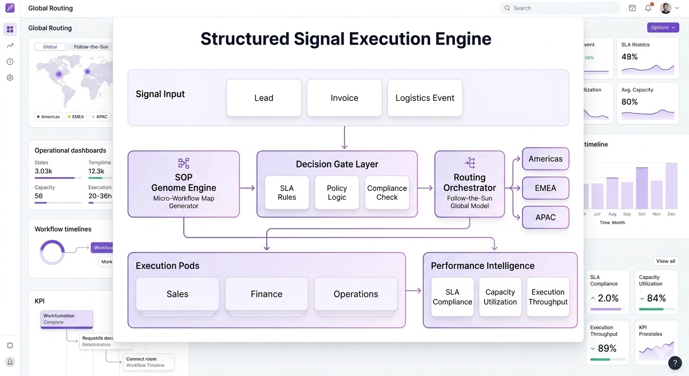 By routing signals through structured decision layers, the architecture bypassed manual human handoffs, enabling real-time, global execution.