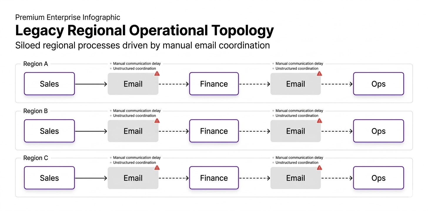 Consulting flowchart showing broken siloed operational process across three regions with email handoffs