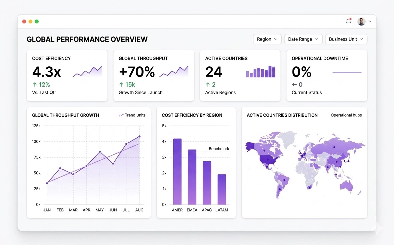 SaaS analytics dashboard mock-up showing 4.3x cost efficiency and 70% increase in global throughput