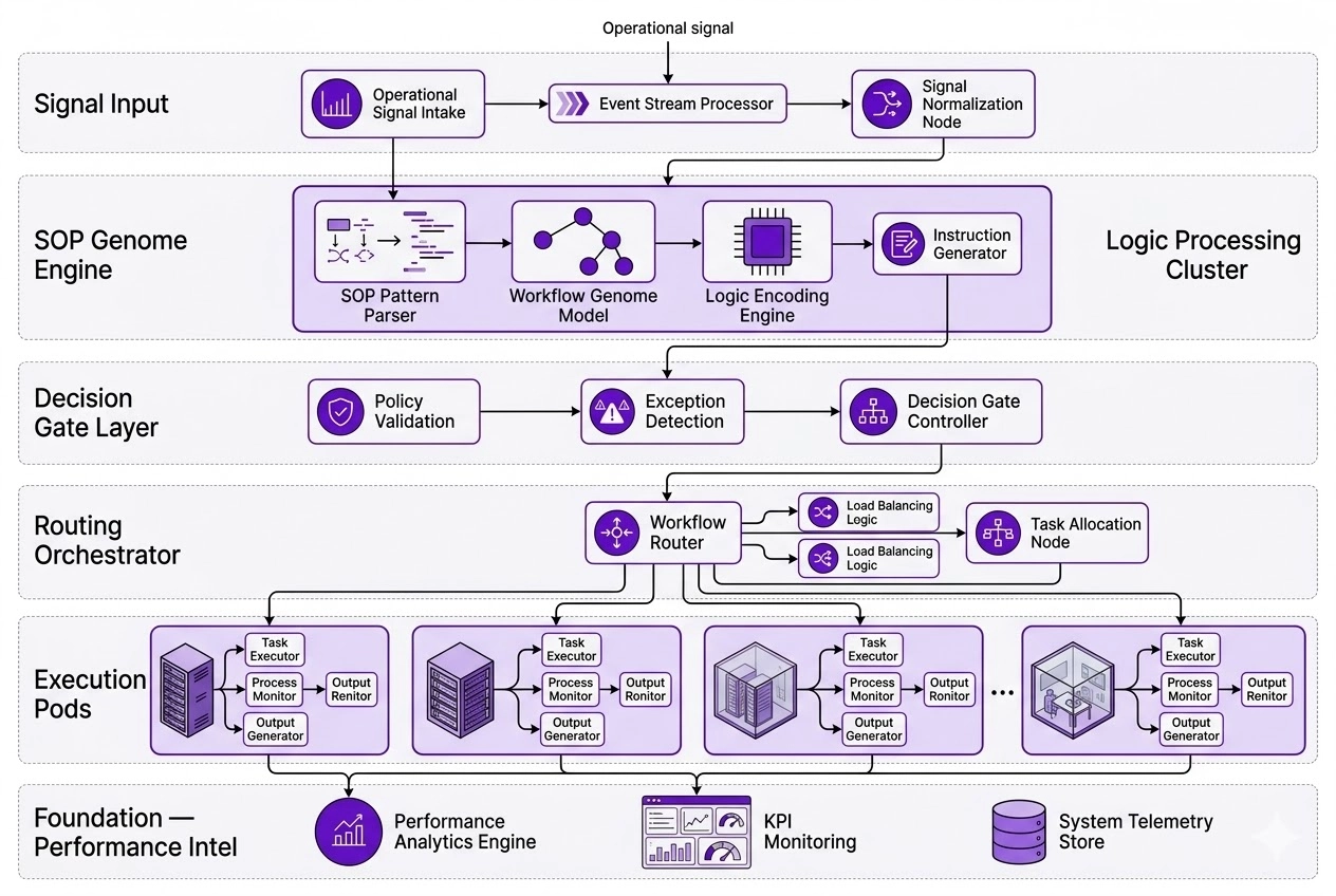 Software architecture diagram showing vertical flow from signal input through genome engine and execution pods