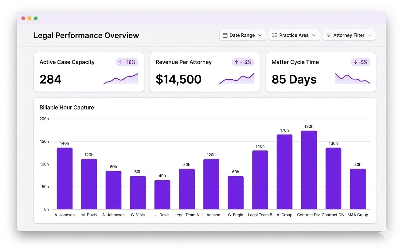 SaaS analytics dashboard mock-up showing positive trend lines for law firm revenue per attorney and active case capacity