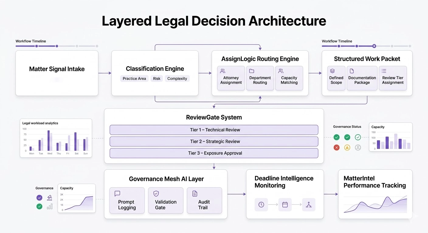 Software architecture diagram demonstrating layered enterprise legal logic including classification and tiered review
