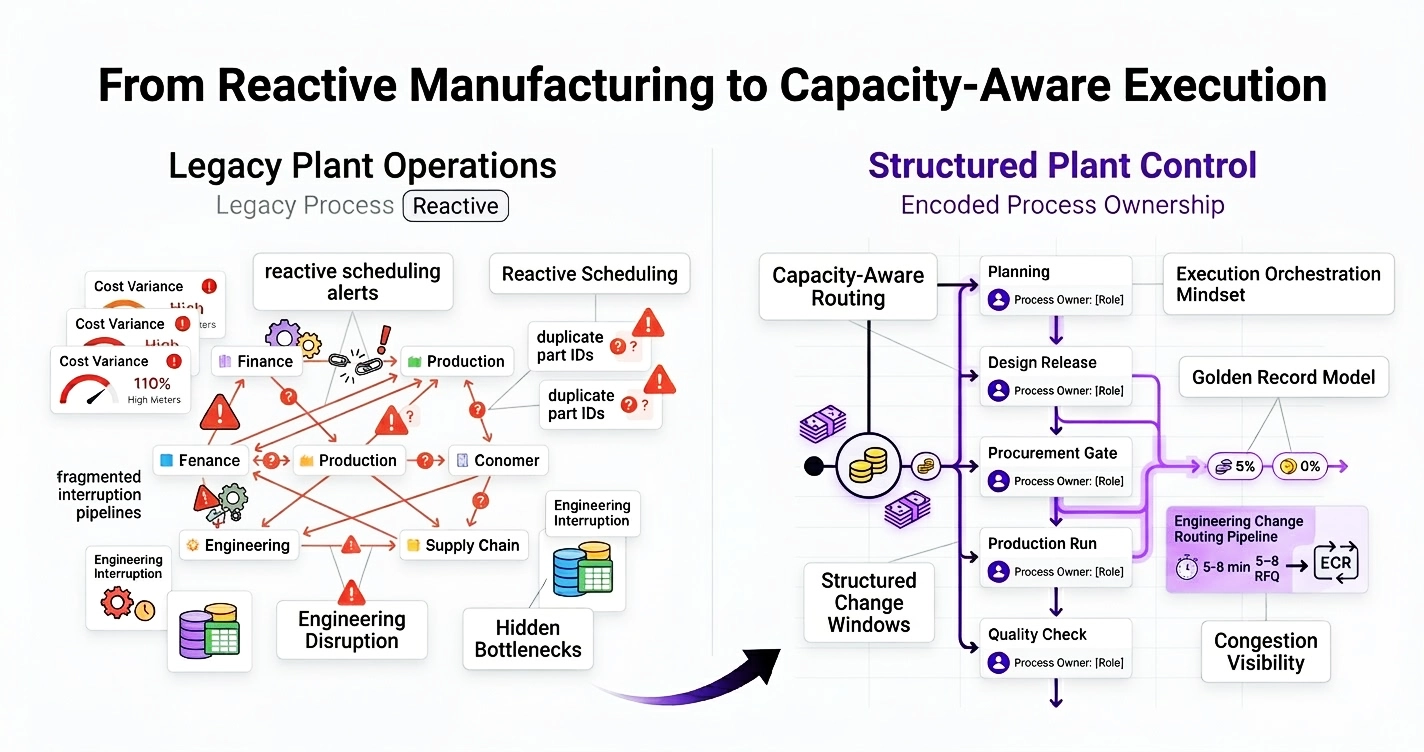 Split comparison infographic showing transition from reactive scheduling to capacity-aware routing