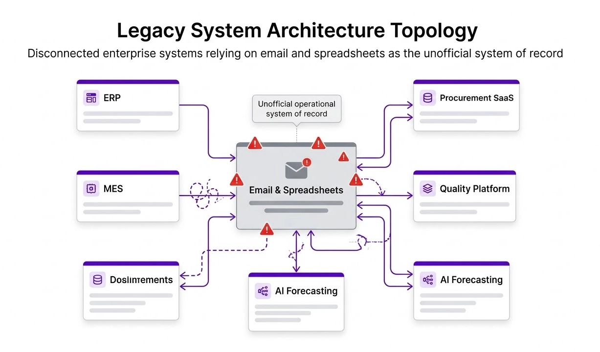 Consulting flowchart showing a fragmented software ecosystem with ERP and MES relying on a chaotic central hub labeled Email and Spreadsheets