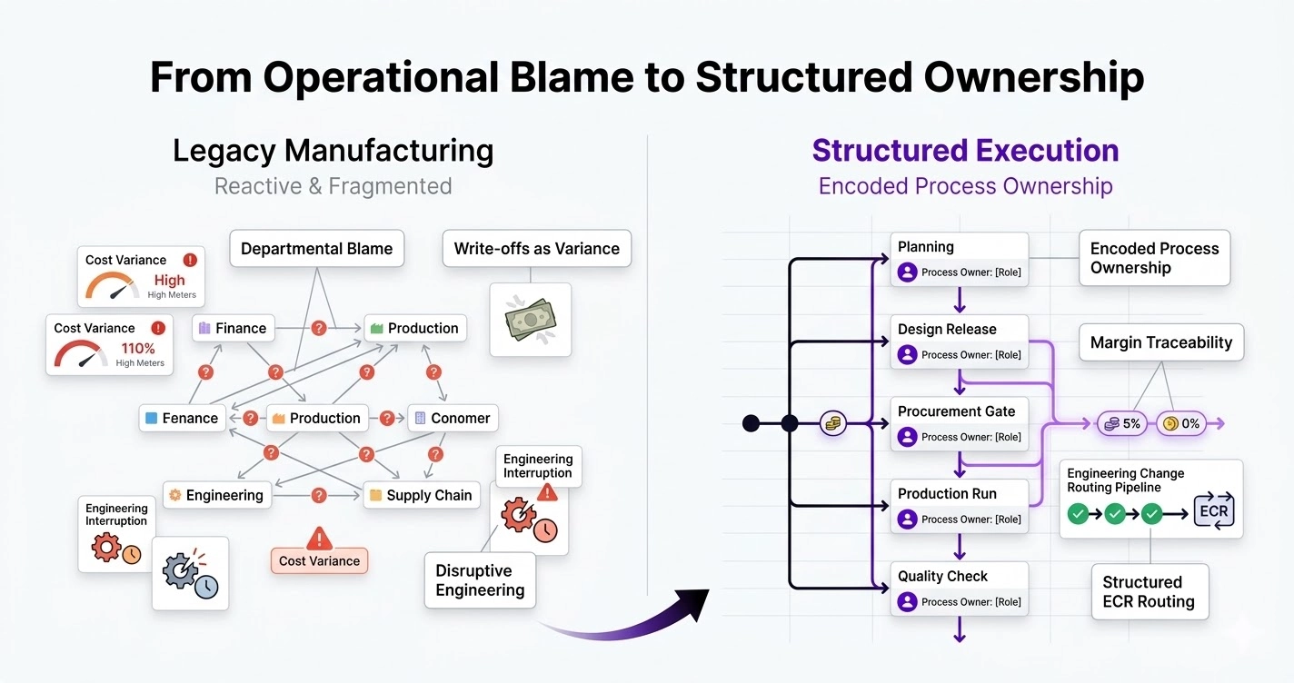 Split comparison infographic showing transition from a write-off culture to margin traceability and structured routing