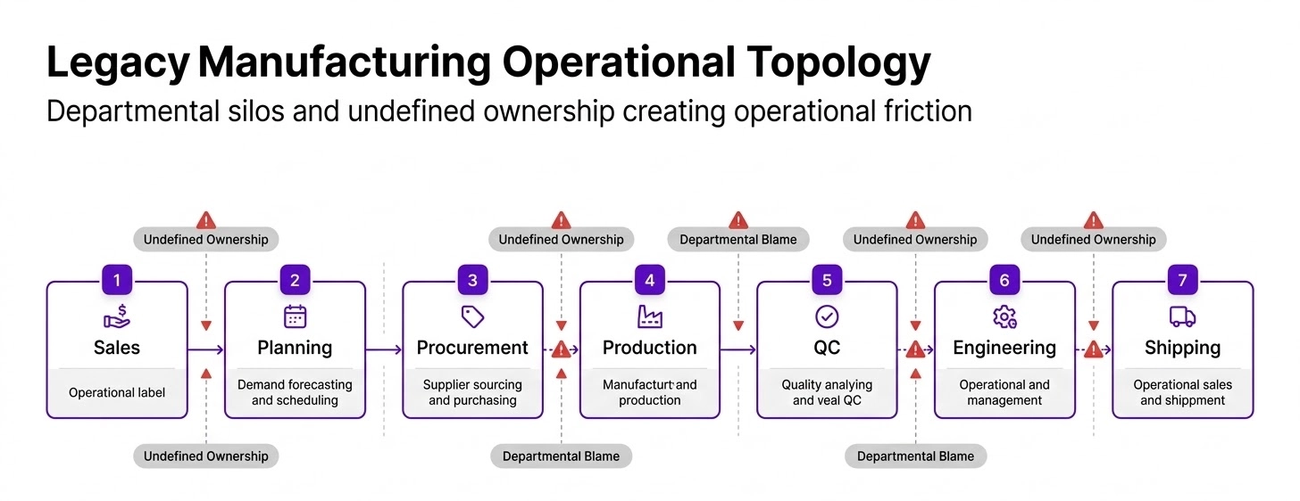 Consulting flowchart showing broken manufacturing process with siloed nodes and undefined ownership