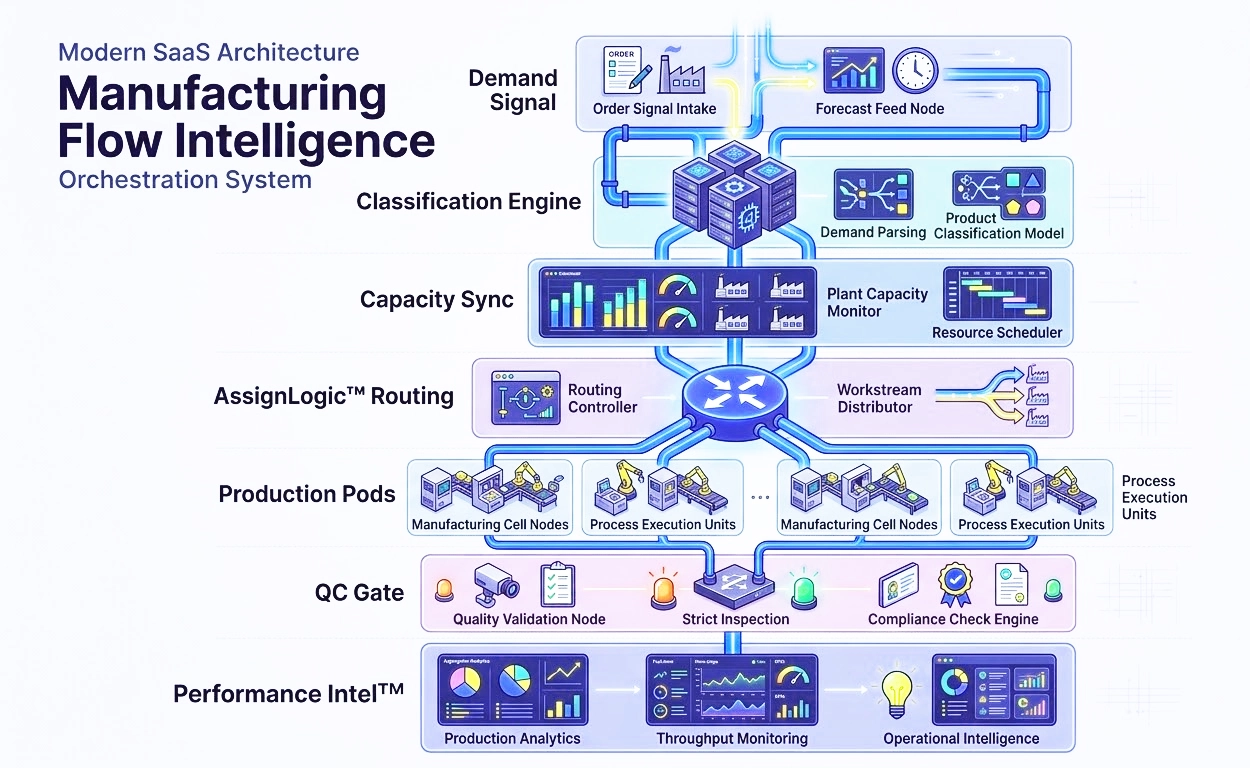 Software architecture diagram demonstrating layered enterprise manufacturing logic with synced capacity and routing