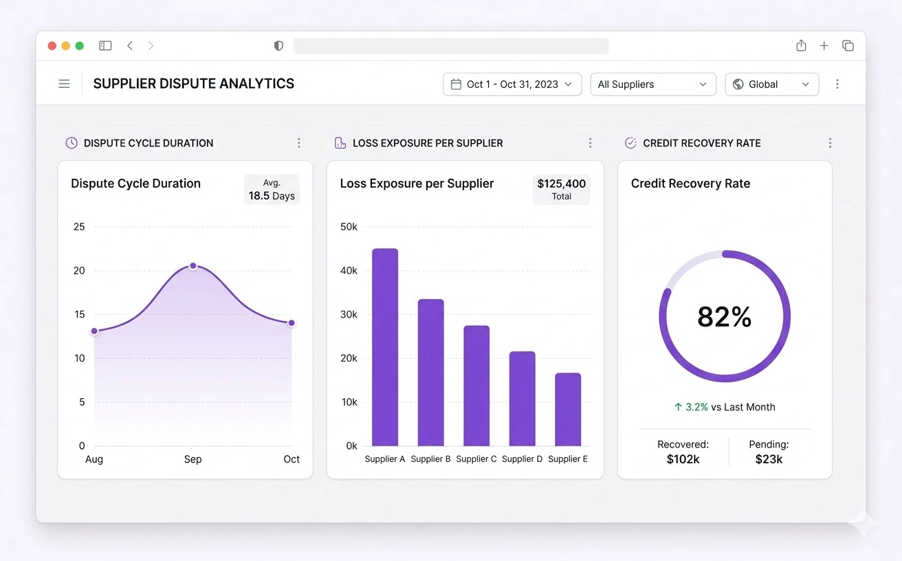 SaaS analytics dashboard mock-up showing positive trend lines for dispute cycle duration and credit recovery