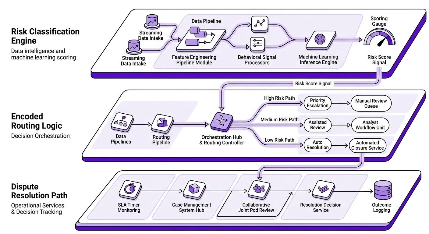 Software architecture diagram showing data processing, routing, and decision logging layers for supplier risk
