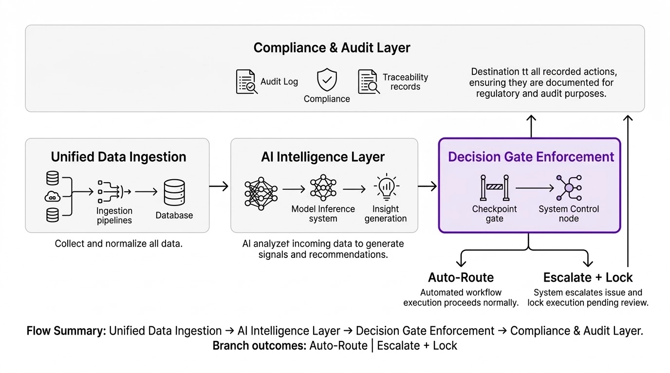 The four-layer execution architecture: AI insight triggers binding action, with compliance documentation generated automatically at the audit layer.