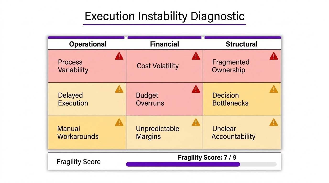 Three signal categories that reveal structural execution fragility before it shows up on the P&L. Quanzar
