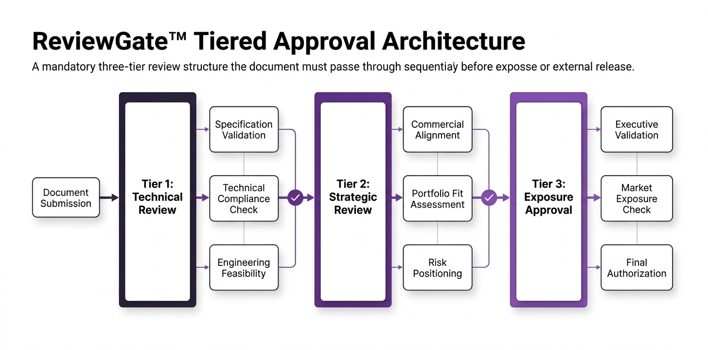 Stage-gate approval workflow diagram showing three sequential legal review tiers