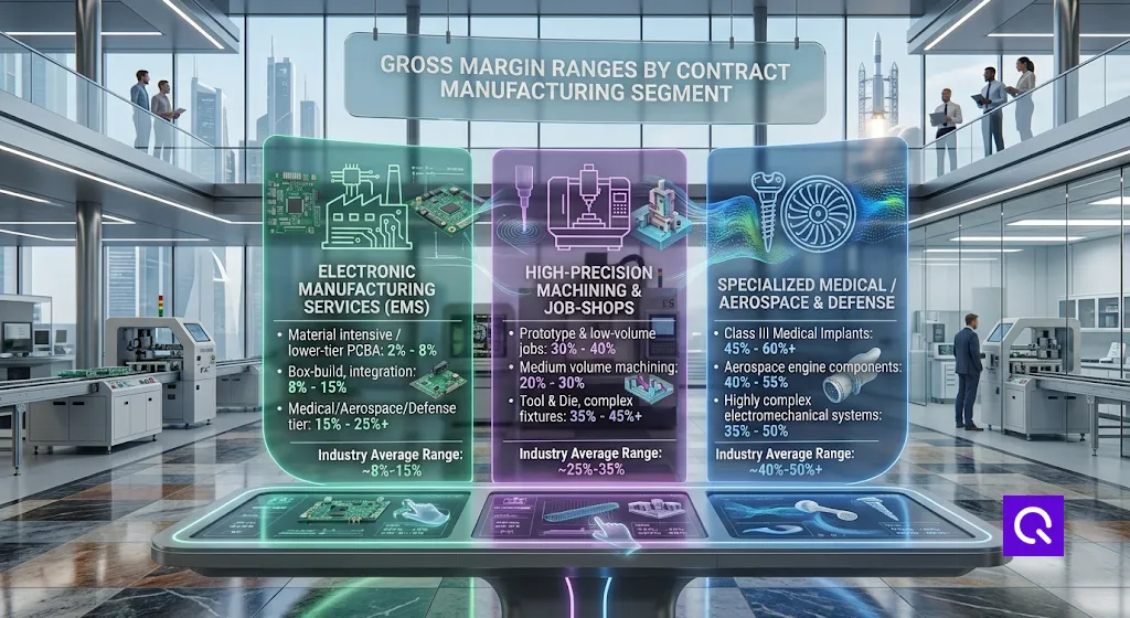 Gross margin ranges by contract manufacturing segment: EMS, machining, and specialized work