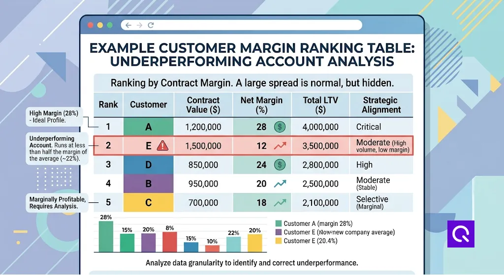 Example customer margin ranking table showing one underperforming account