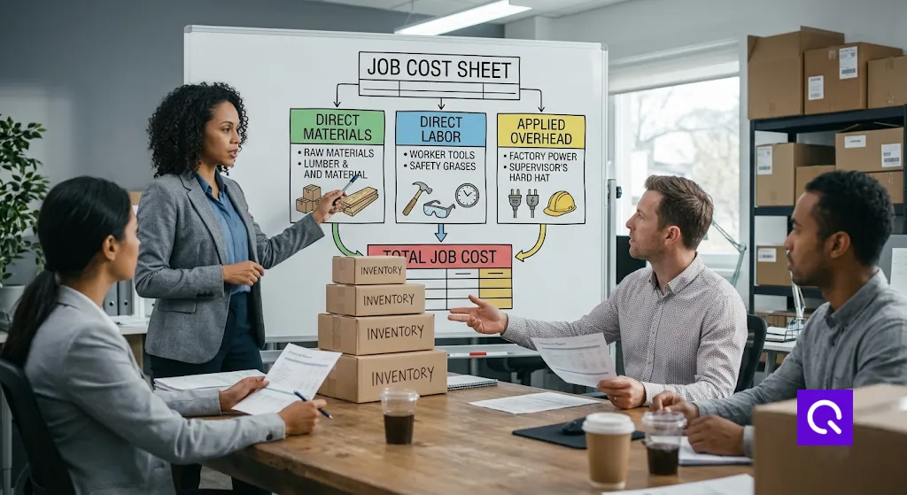 Job cost sheet showing direct materials, direct labor, and applied overhead combining into total job cost