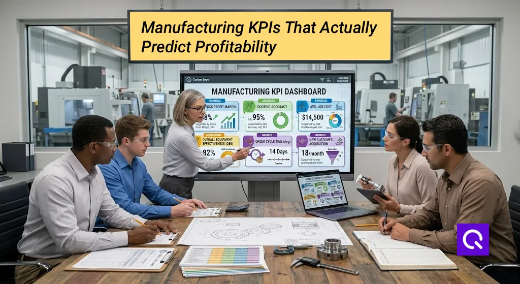 Manufacturing KPI dashboard showing financial, accuracy, operational, and growth metrics